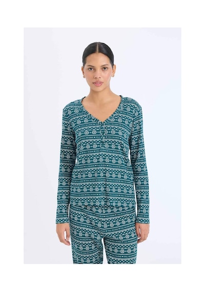 DeFacto Fall in Love Pijama Takımı Waffle Kumaş Uzun Kollu Üst Esnek Belli Uzun Alt D2284AX24WNGN1040 Yeşil