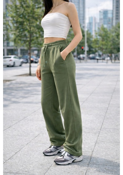 Winmoda34 Kadın Trend Bol Paça Modal Kumaş Eşofman Altı Çift Cepli Wide Leg Haki