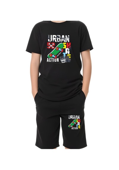 Fyk Kids Erkek Çocuk Tişört-şort Urban Skate Baskılı Alt-üst Takım Siyah