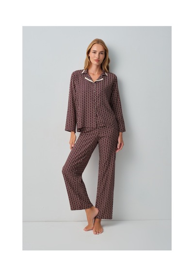 Suwen Arwen Gömlek Yaka Pijama Takımı Wsh10510171662 Bordo Desenli