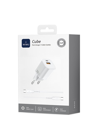 Wiwu Wi-g018 Cube Serisi Type-c To Type-c Gan Tech Pd Hızlı Şarj Kablolu Şarj Seti 33w Beyaz