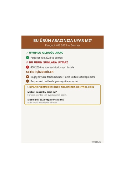 Peugeot 408 2023+ Uyumlu 8d Kapitone Deri Bagaj Havuzu Sırt Kaplamalı Taba