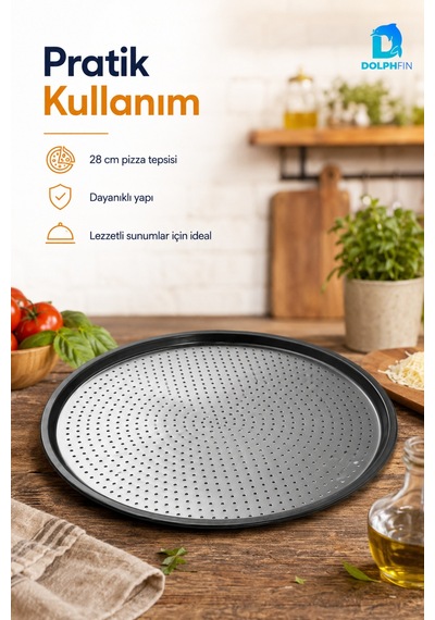 Delikli Pizza Tepsisi 28 Cm Yuvarlak Metal Pizza Pişirme Tepsisi Metalik