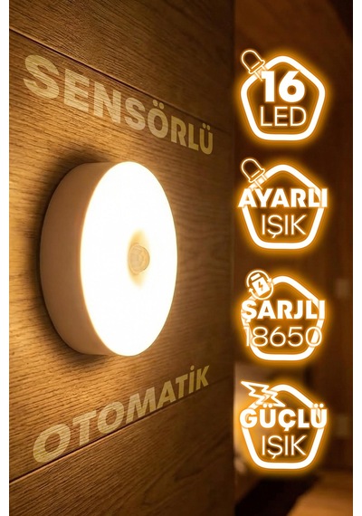 16led 3mod Hareket Sensörlü Şarjlı Led Işık Mıknatıslı Kablosuz Gece Lambası Koridor Işığı 47732 Sarı