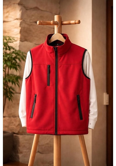 Vatan Tekstil Dik Yaka Slim Fit 3 Cepli Softshell Erkek Yelek Su İtici Kumaş Kırmızı