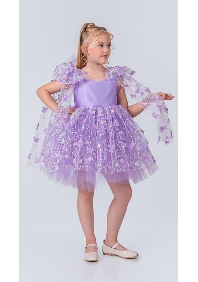 Mnk Baby & Kids Çiçek Brode Desen İmeros Kız Abiye M00736 Lila
