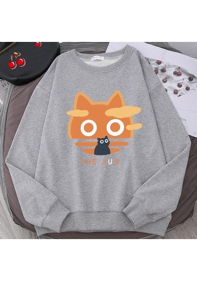 Startmore Tarzsokak Güneş Turuncu Kedi Eğlenceli Sevimli Baskı Karikatürler Hoody Erkekler Gevşek Giyim Sonbahar Gri