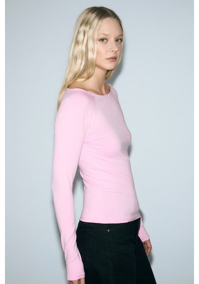Grımelange Karakola Kadın Organik Pamuklu Kayık Yaka Reglan Kol Slim Fit Pembe Bluz Pembe