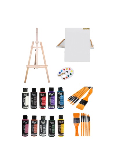 Ayaklı Şövale+35x50 Tuval10'lu Rich Akrilik120 Cc+6'lı Fırça Set