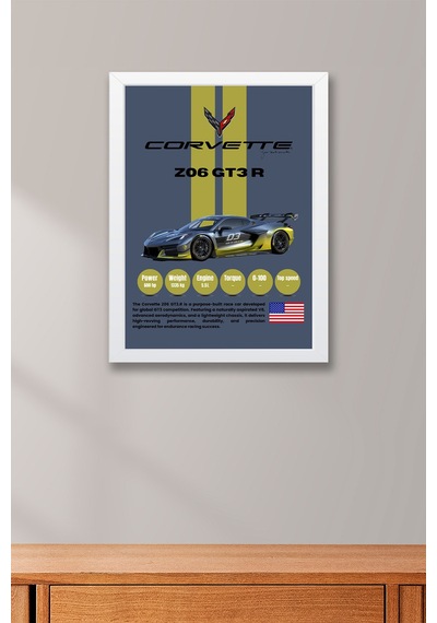 Corvette Z06 Gt3.r Yarış Arabası Tablosu - Teknik Özellikli Otomobil Poster - Çerçeveli Duvar Dekoru Beyaz