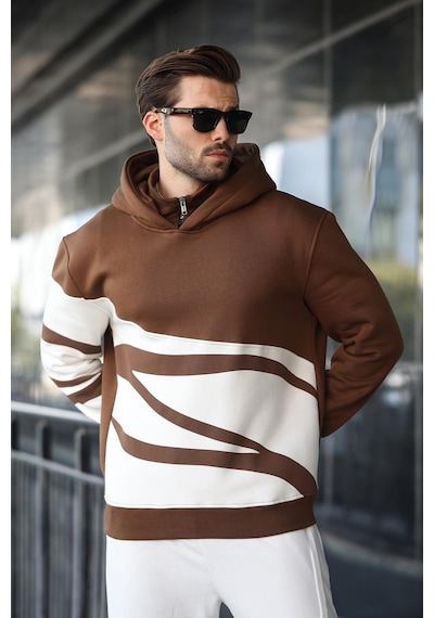 Madmext Kahverengi Kapüşonlu Fermuar Yaka Desenli Erkek Sweatshirt E7162 Kahverengi
