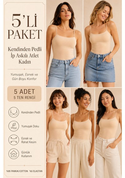 Loule Kadın 5'li İp Askılı Pedli Atlet Ten %95 Pamuk