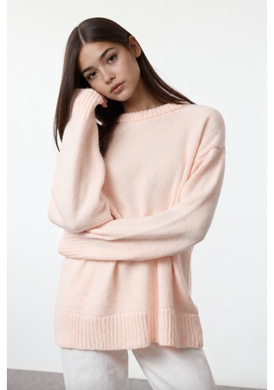 Maison Velora Kadın Pembe Bisiklet Yaka Oversize Basic Triko Kazak Pudra 923600247 Pudra