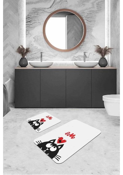Ekru Kedi Desenli Banyo Halısı Klozet 2'li Paspas Seti Bs249n11