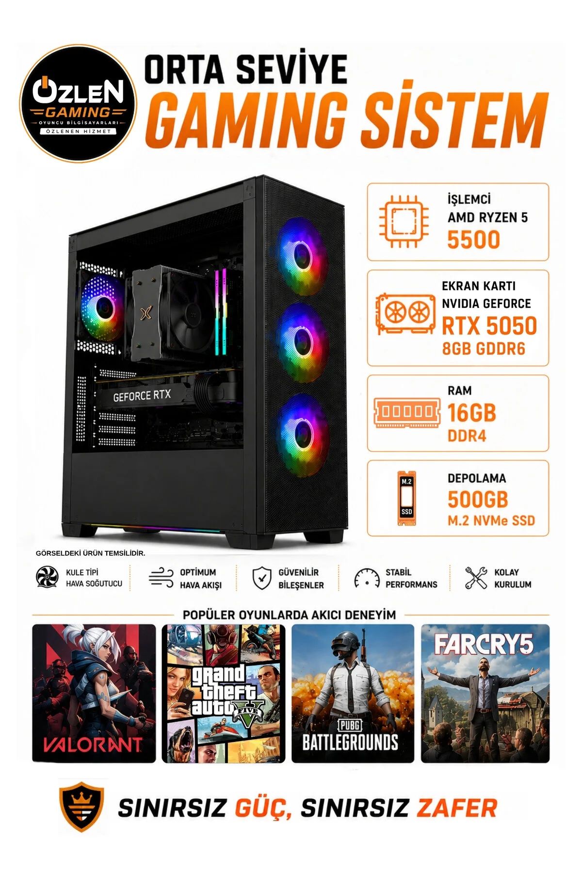 Özlen X1 OZLN-AMD5-5050-16-500 Reyzen 5 5500 8 GB 16 GB 500 GB SSD RTX 5050 W11P Masaüstü Oyuncu Bilgisayarı
