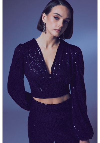 Sateen Kruvaze Payetli Crop Bluz - Lacivert-135344 Lacivert
