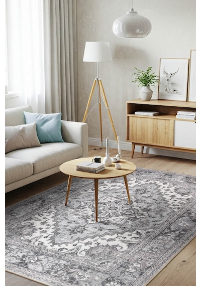 Artloop Stonart Eskitme Vintage Desenli Gri Otantik Yıkanabilir Şönil Halı Al 455 Gri 9
