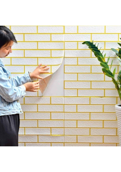 70x70cm 1 Adet Kendinden Yapışkanlı Gold Çizgili Altın Beyaz Tuğla Desen Duvar Kağıdı Paneli Nw176