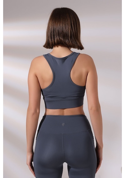 EMFURE Füme Fermuarlı Spor Büstiyer - Sports Bra / Crop Destekli Spor Sütyeni Füme