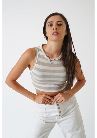 Ckm Moda Adrian Yüksek Kalite Kadın Yuvarlak Yaka Çizgili Crop Bluz Ekru