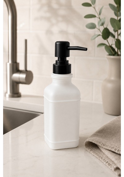 Aura Cam Sıvı Sabunluk 400 Ml Siyah Pompalı Modern Dekoratif Banyo Ve Mutfak Dispenseri - 19,5 Cm X 6 Cm X 6 Cm Beyaz