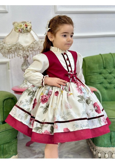 H L Y Karol Tasarım Krem Bordo Vintage Kız Bebek Elbisesi,doğum Günü,fotoğraf Çekim Elbise,0-10 Yaş Uygun KREM