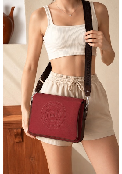 Just Polo Kadın Üç Bölmeli 3 Gözlü Lakoste Kumaş Çapraz Ve Omuz Çantası 29x20cm Bordo