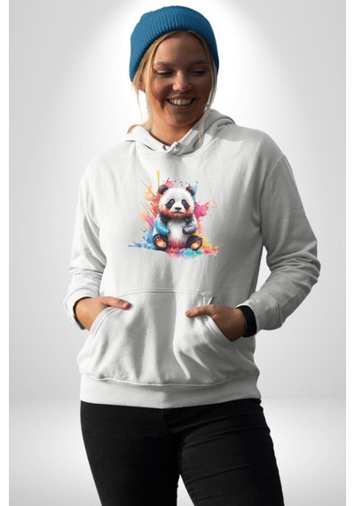 Renkli Yavru Panda Kadın Erkek Beyaz Kapüşonlu Sweatshirt Hoodie Beyaz