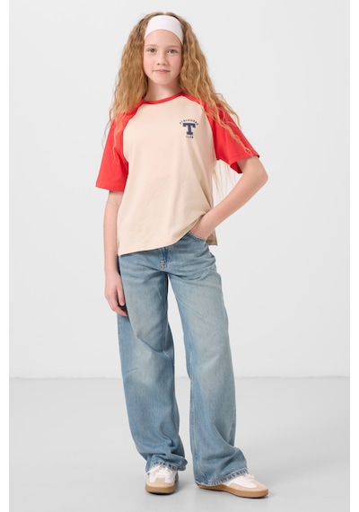 Bej O Yaka Pamuklu Baskılı Oversize Fit Kız Çocuk T-shirt - 75179 Bej