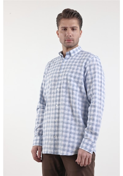 İmza Beyaz - Mavi Düğmeli Yaka Uzun Kol Cepli Comfort Fit Pamuklu Gömlek 1004260178