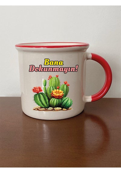 Bana Dokunmayın Yazılı Kırmızı Ağızlı Kupa Bardak - Seramik Çay, Kahve Hediyelik Bardağı Beyaz