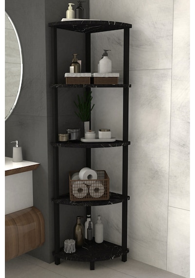 Decoline Banyo Rafı 5 Katlı Moblen Modern Organizer Depolama Ünitesi-beyaz Siyah Mermer Desen