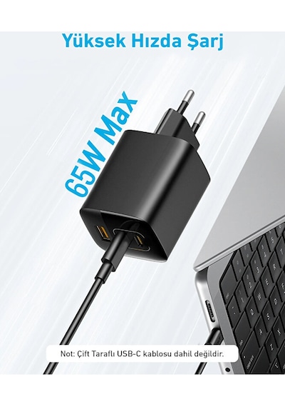 65w Gan Hızlı Şarj Adaptörü 1xusb Pd Qc3.0 2xtype-c Laptop