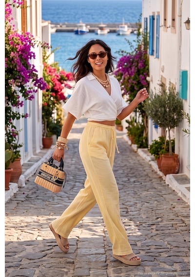 Lela Pamuklu Bağlamalı Relaxed Fit Yüksek Bel Geniş Paça Müslin Pantolon Bayan Pantolon 5866663 Sarı Lela Pamuklu Bağlamalı Relaxed Fit Yüksek Bel Geniş Paça Müslin Pantolon Bayan Pantolon 5866663 Sarı