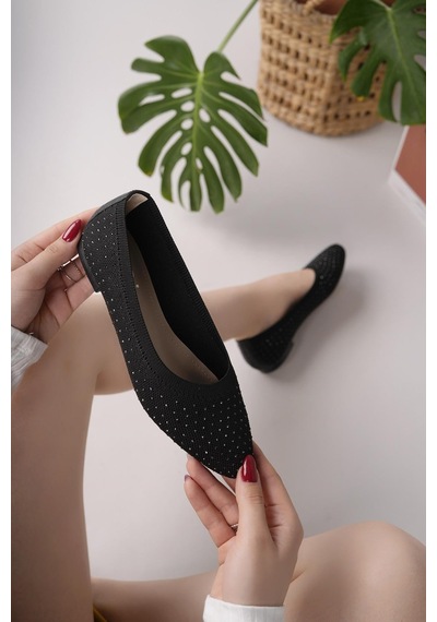 Nesilshoes Nesil Shoes Sdf 243 Siyah Triko Taşlı Kadın Babet