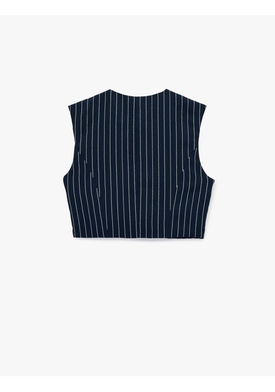 Koton Düğmeli Bisiklet Yaka Çizgili Crop Blazer Yelek Lacivert Çizgili 6sak20028pw 7s2