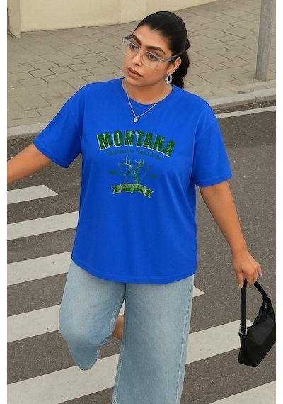 Büyük Beden Montana Baskılı Unisex Tişört Saks Mavisi