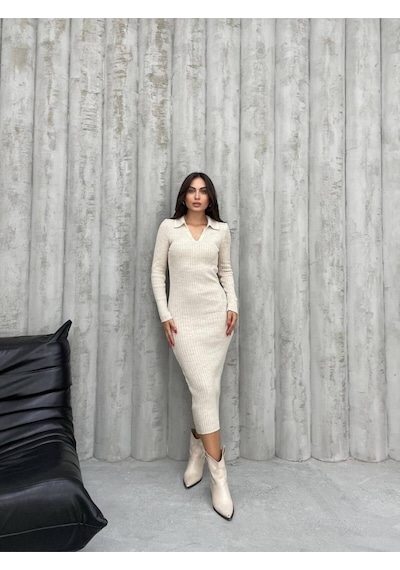 Msm Fashion Kadın Elbise Uzun Triko Kışlık Polo Yaka Likralı Kalem Elbise Bej