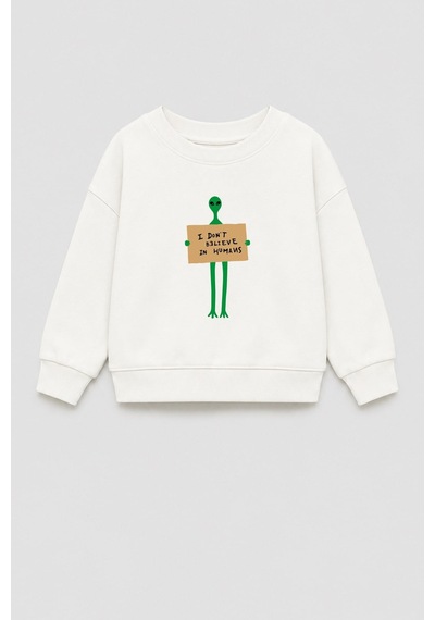 Monila Erkek Çocuk 3 İplik Kumaş Uzaylı Baskılı Pamuklu Sweatshirt Ekru