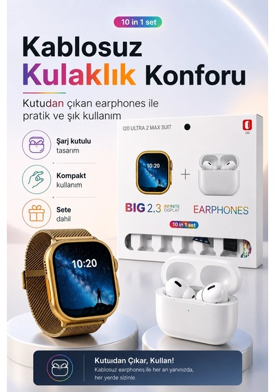 Akıllı Saat Ve Kablosuz Kulaklık Bir Arada Telefon Uyumlu Şık Hediye Seti