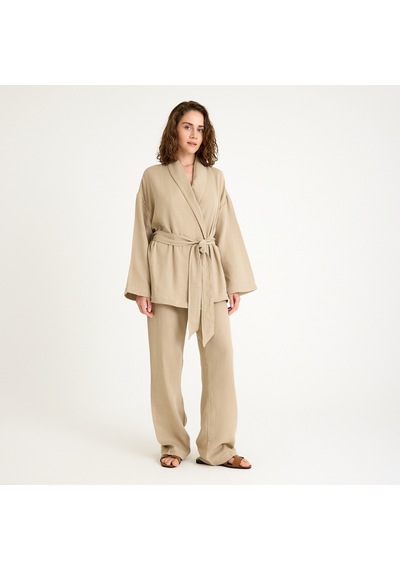 Miespiga %100 Pamuklu Dokuma Şal Yaka Müslin Kimono-pantolon Alt Üst Takım Bej