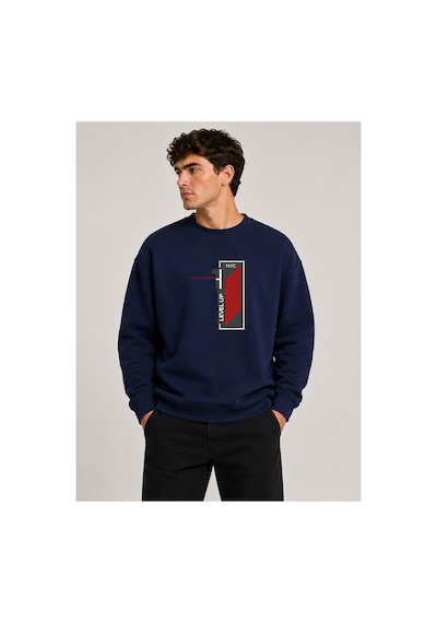 Herkesemoda Level Up Desen Baskılı Bisiklet Yaka Şardonlu 2 İplik Sweatshirt Lacivert