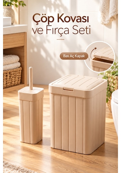 Porsima Linny 2li Banyo Fırçası Banyo Mutfak Çöp Kovası Seti Klozet Fırçası Ve Çöp Kutusu Takımı 10lt Grı