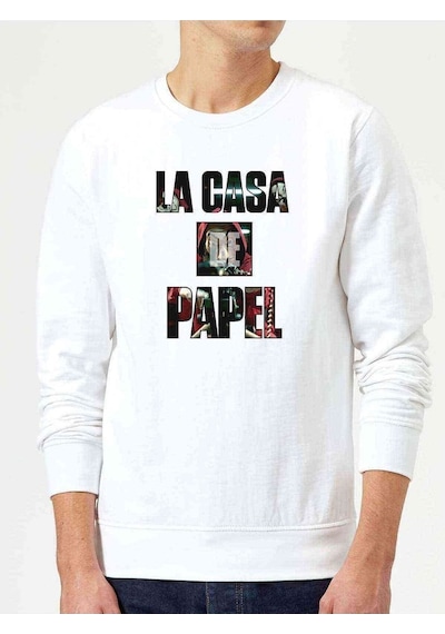 La Case De Papel Oslo Baskılı Beyaz Erkek Örme Sweatshirt