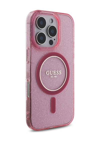 Apple Uyumlu iPhone 16 Pro Max Kılıf Guess Lisanslı Magsafe Özellikli Simli Silikon İnci Bileklikli Pembe