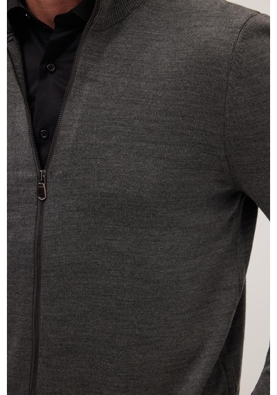 Tudors Erkek Slim Fit Dar Kesim Gri Dik Yaka Fermuarlı Düz Hırka-34916
