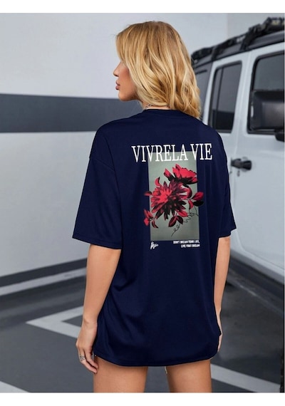 Flood Of Style Unisex Lacivert Vivre La Vie Baskılı Oversize Bisiklet Yaka Penye Tişört