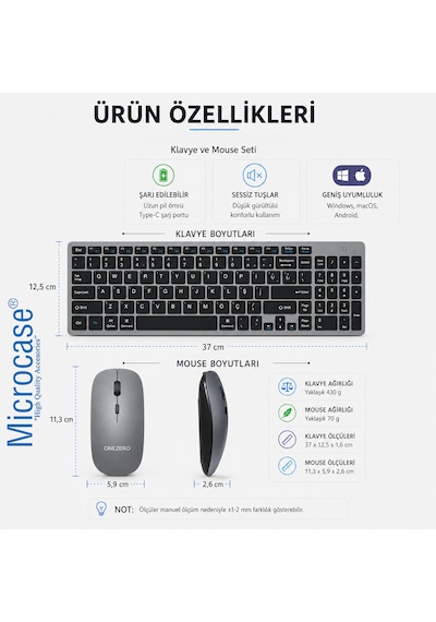 Microcase Bluetooth Ve 2.4g Şarj Edilebilir İnce Tasarım Kablosuz Klavye Mouse Seti + Silikon Klavye Koruması Al5724 Optik