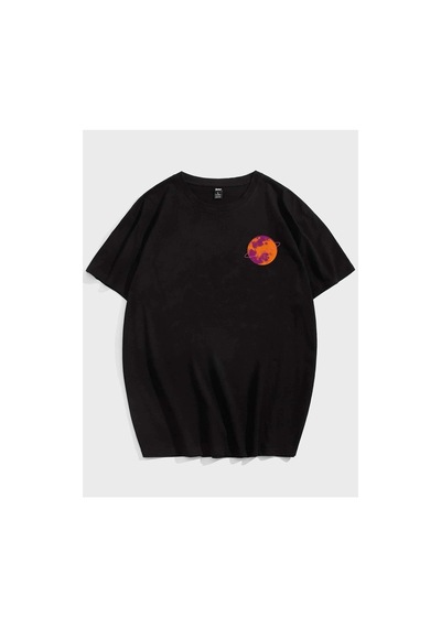 Erkek Siyah Oversize Mars Baskılı T-shirt Siyah