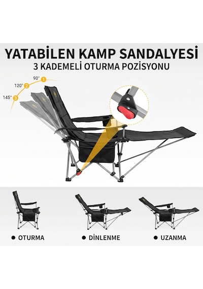 Lazy 4 Katlanabilir Kamp Ve Plaj Sandalyesi Ayak Uzatmalı, 3 Kademeli Şezlong, Yastıklı, Bardaklıklı - Antrasit